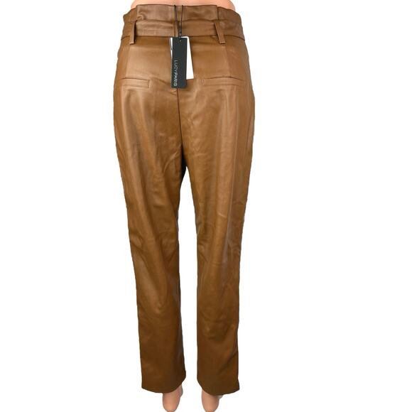 NEW Lucy Paris Brown Faux Vegan Leather Paperbag Tie Belt Trousers Pants Sz S - Picture 3 of 6